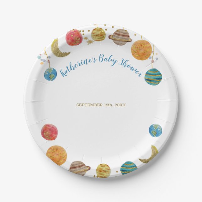 Planets Outer Space Baby Shower Gold Glitter Paper Plate (Front)