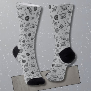 Planets rockets grey doodle space  socks