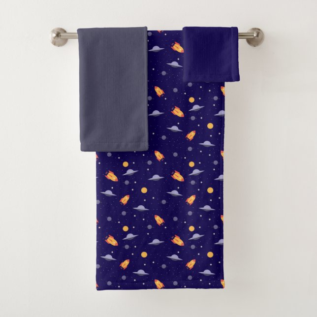 Planets stars pattern blue dark grey set Towel (Insitu)