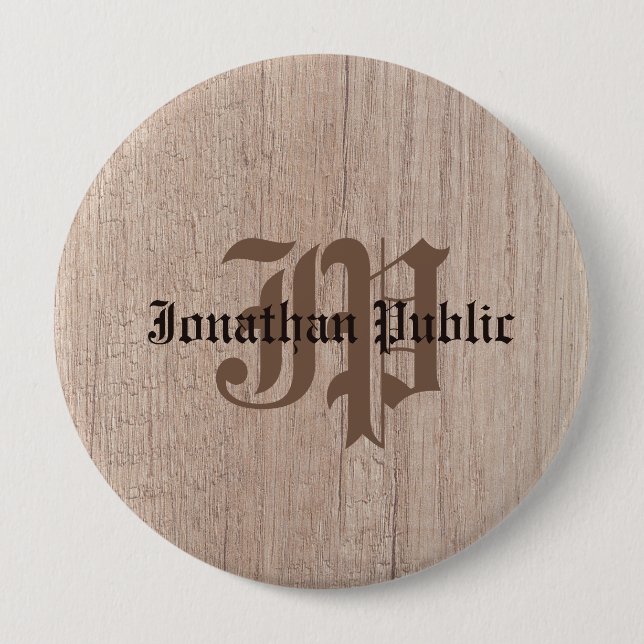 Plank Board Wood Look Old Script Monogrammed 10 Cm Round Badge (Front)