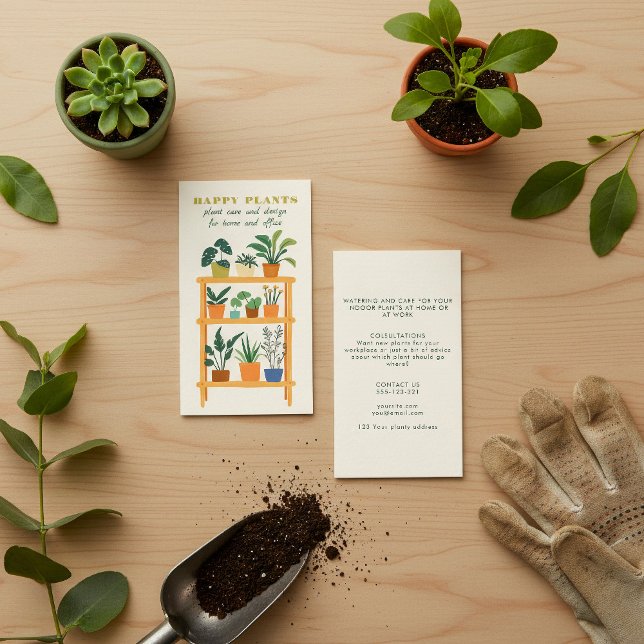 Plant Care potted plants wooden tier Business Card (Plant care business card with plant care guide.)