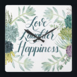 Plant Happiness | Love Laughter Happiness Square Wall Clock<br><div class="desc">Enjoy this fresh creative succulent typography design on a product or wallart piece to enhance and add to the world around you. Artist: Grace Popp</div>