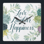 Plant Happiness | Love Laughter Happiness Square Wall Clock<br><div class="desc">Enjoy this fresh creative succulent typography design on a product or wallart piece to enhance and add to the world around you. Artist: Grace Popp</div>
