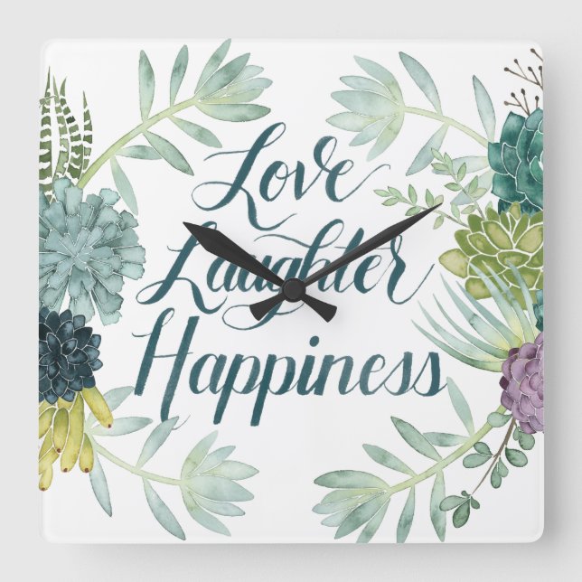 Plant Happiness | Love Laughter Happiness Square Wall Clock (Front)