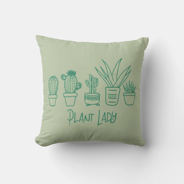 Plant Lady Cactus Succulent Gardening in Green Cushion (Front)