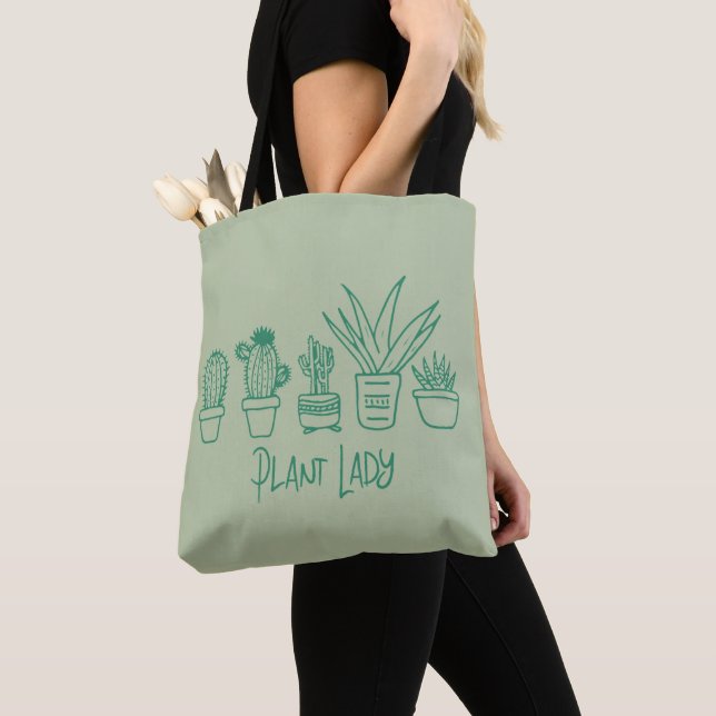 Plant Lady Cactus Succulent Gardening in Green Tote Bag (Close Up)