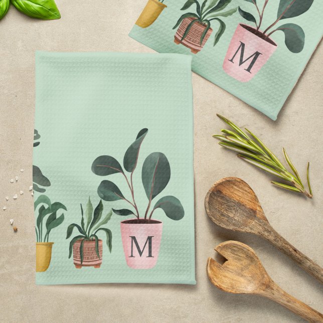 Plant Lover Chic Watercolor Potted Plants Monogram Tea Towel (Plant Lover Chic Watercolor Potted Plants Monogram Kitchen Towel)