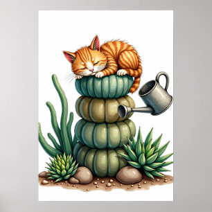 Plant Parents Cat Napping Succulents Watercolor St Poster