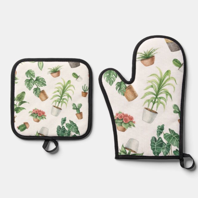 Plant pattern oven mitt & pot holder set (Front)