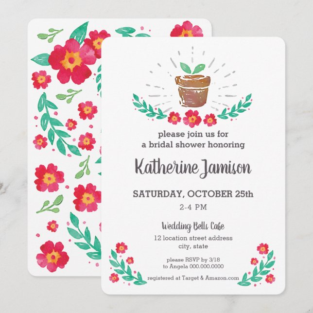 Plant Sprout Red Floral Watercolor Bridal Shower Invitation (Front/Back)