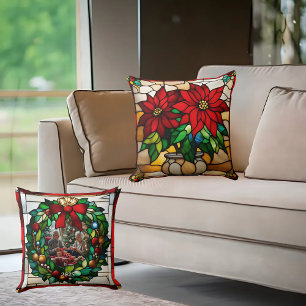 Planted Poinsettias Faux Stained Glass Cushion