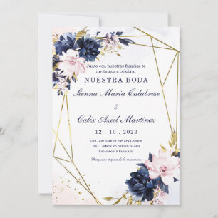 Plantilla de invitación de boda azul real y rubor invitation