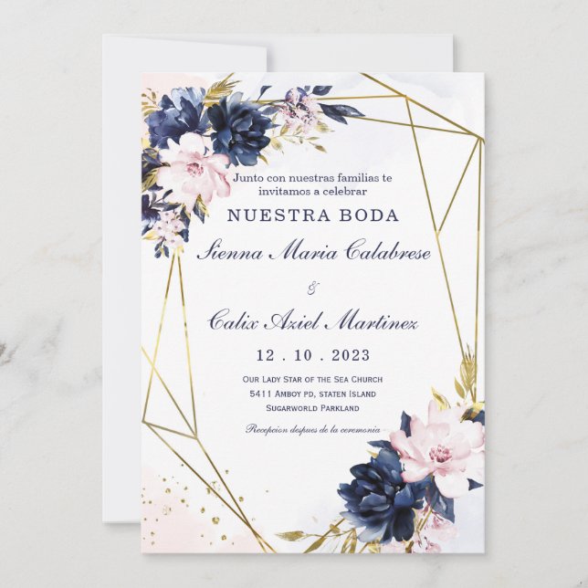 Plantilla de invitación de boda azul real y rubor invitation (Front)