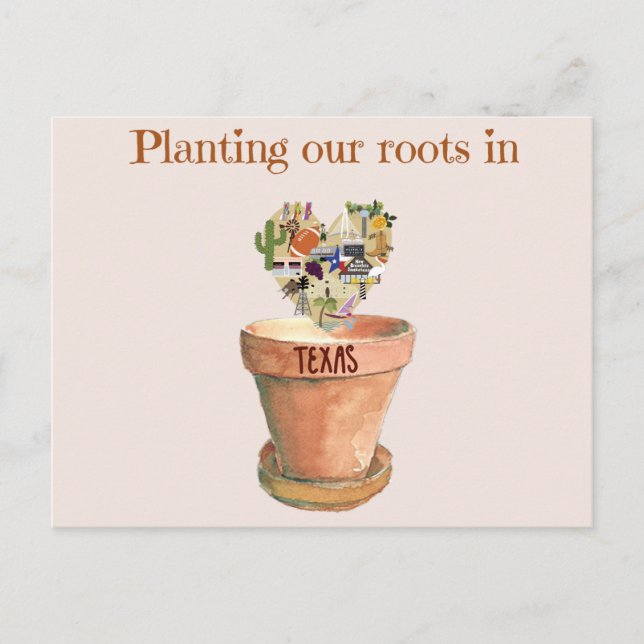 Planting our roots in Texas new home announcement Postcard (Front)