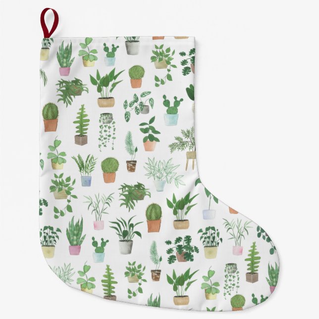 Plantita House Plants and Pots Pattern Large Christmas Stocking (Front)