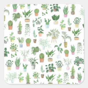 Plantita House Plants and Pots Pattern Square Sticker
