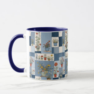 Plants and Retro Blue Jean Denim Patchwork Floral Mug