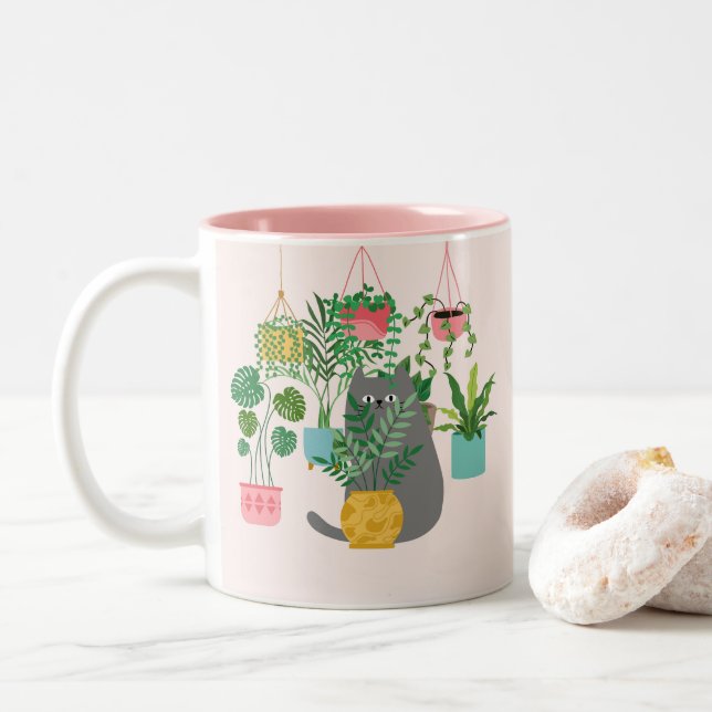 Plants Cat Two-Tone Coffee Mug (With Donut)