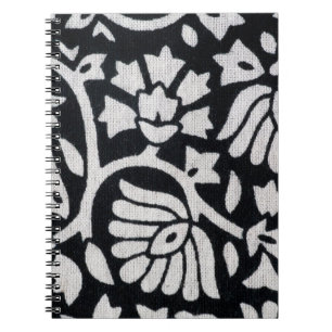 Plants, flowers, abstract black-white tablecloth. notebook