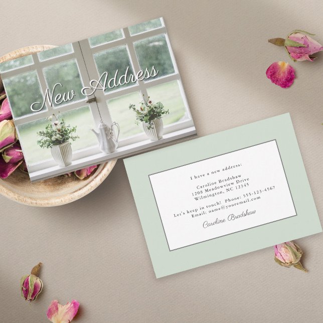 Plants in the Window New Address Notification Announcement (This cozy window scene makes a lovely change of address card.)