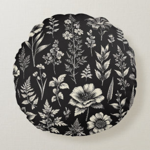 Plants, Leaves and Flowers Natural History  Round Cushion
