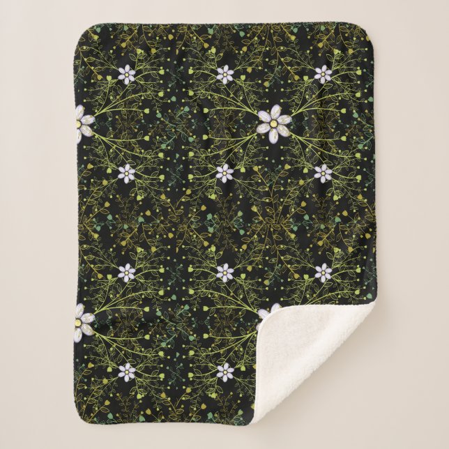 Plants pattern.10b Black BG Sherpa Blanket (Front)