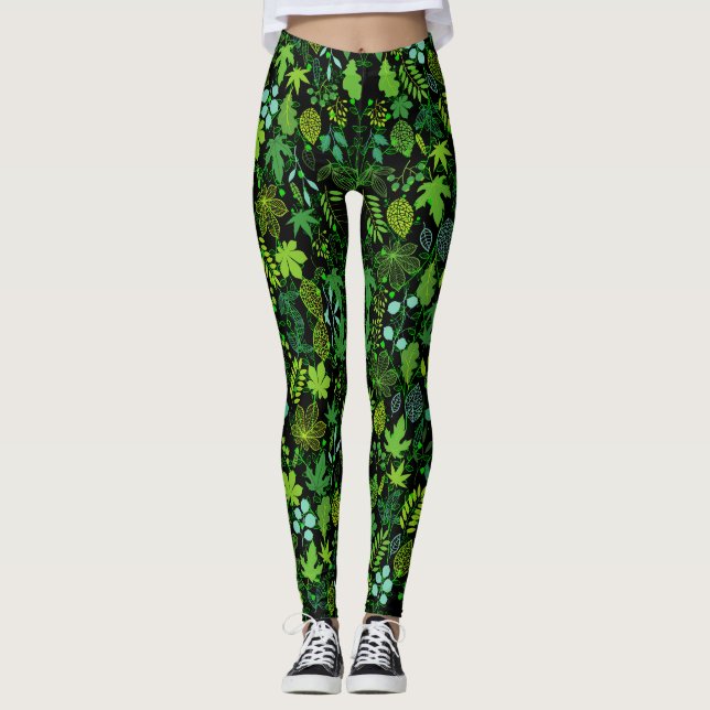 Plants pattern.14b Black BG Leggings (Front)