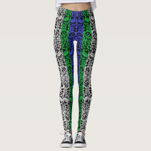 Plants pattern Blue and Green A07.b Black BG  Leggings