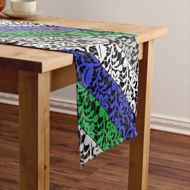 Plants pattern Blue and Green A07.b Black BG Medium Table Runner (In Situ)