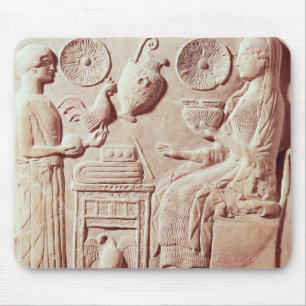 Plaque of a woman offering gifts to a seated mouse mat