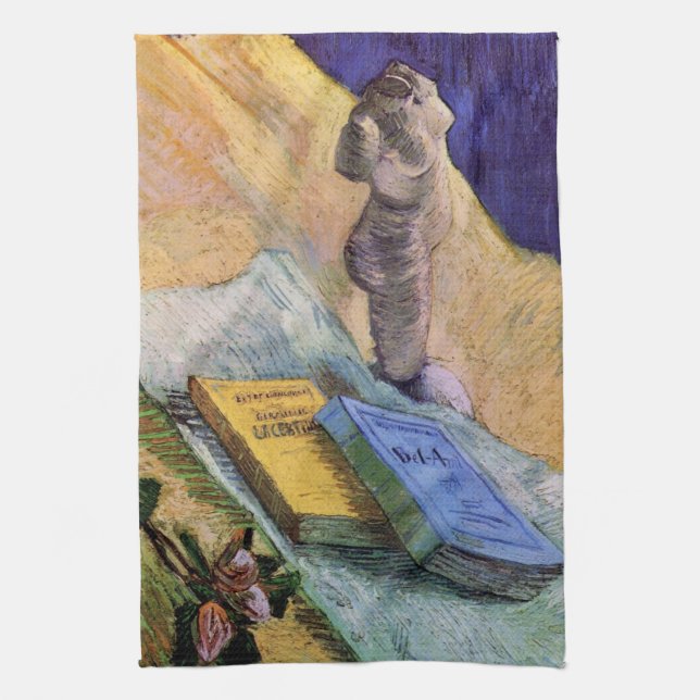 Plaster Statuette Rose and Novels Vincent van Gogh Tea Towel (Vertical)