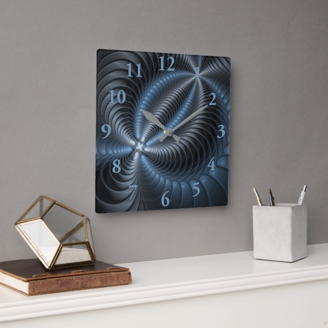 Plastic Blue Grey 3D Fractal Art Modern Abstract Square Wall Clock (Office)