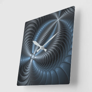 Plastic Blue Grey 3D Fractal Art Modern Abstract Square Wall Clock