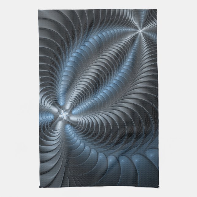 Plastic Blue Grey 3D Fractal Art Modern Abstract Tea Towel (Vertical)
