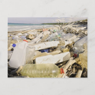 Plastic bottles and ocean dumping on a tropical postcard