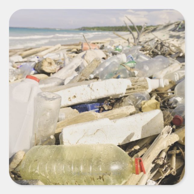 Plastic bottles and ocean dumping on a tropical square sticker (Front)
