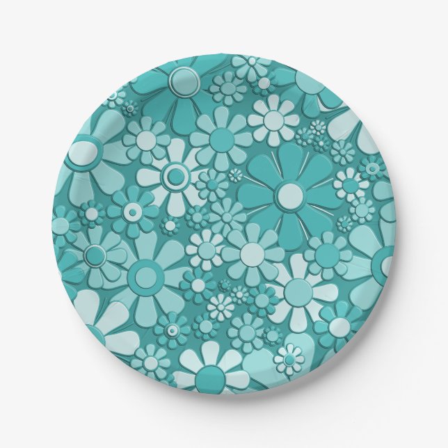 Plastic Flowers Retro 60s 70s Floral Pattern Print Paper Plate (Front)