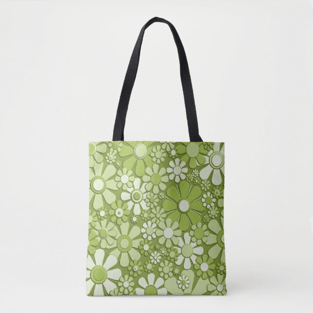 Plastic Flowers Retro 60s 70s Floral Print Green Tote Bag (Front)