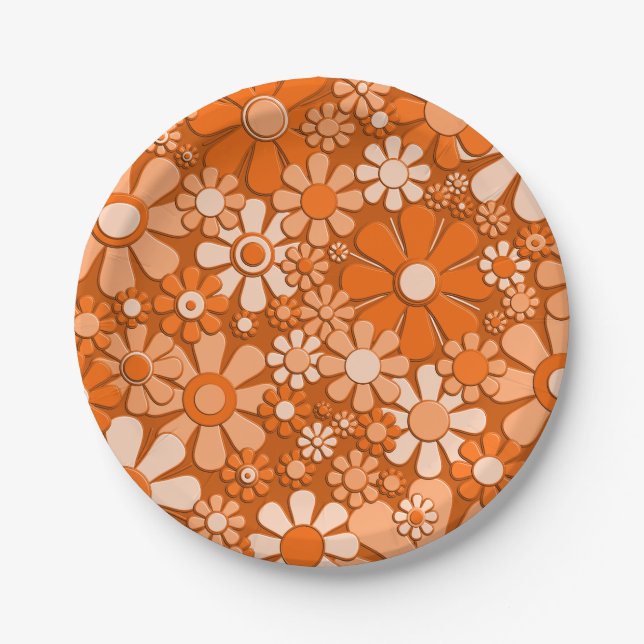 Plastic Flowers Retro 60s 70s Floral Print Pattern Paper Plate (Front)