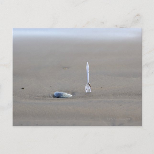 plastic fork sticking in sandy beach beside postcard (Front)