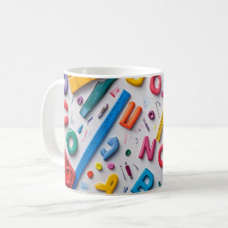 Plastic letters arranged artistically on a dark bl coffee mug