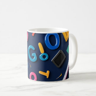 Plastic letters arranged artistically on a dark bl coffee mug