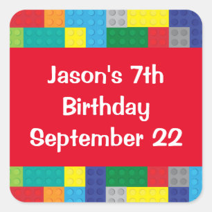 Plastic Toy Bricks Boy's Birthday Party Favour Square Sticker