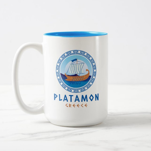 Platamon, Greece Greek Ship Design Two-Tone Coffee Mug (Left)