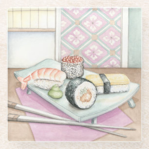 Plate of Assorted Sushi with Chopsticks Glass Coaster