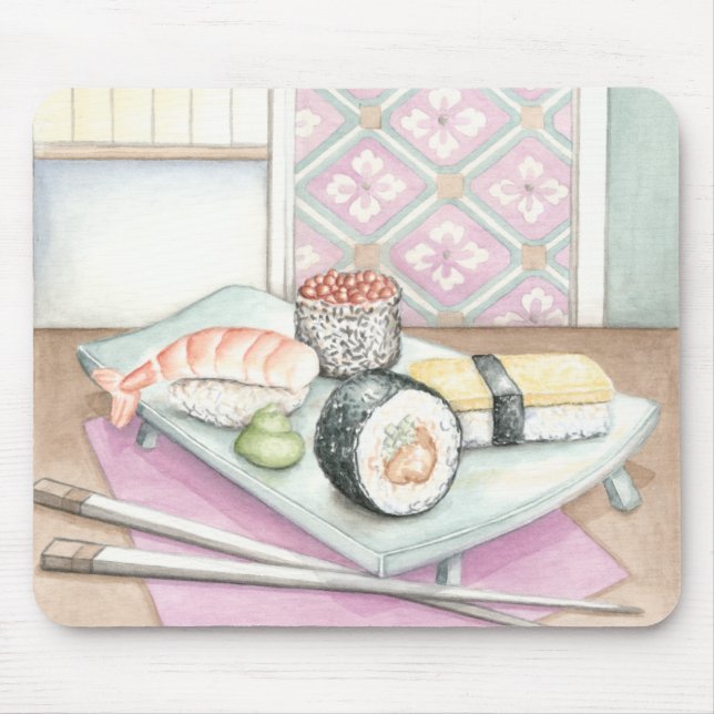 Plate of Assorted Sushi with Chopsticks Mouse Mat (Front)