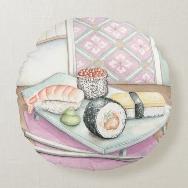 Plate of Assorted Sushi with Chopsticks Round Cushion (Front)