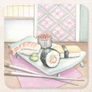 Plate of Assorted Sushi with Chopsticks Square Paper Coaster