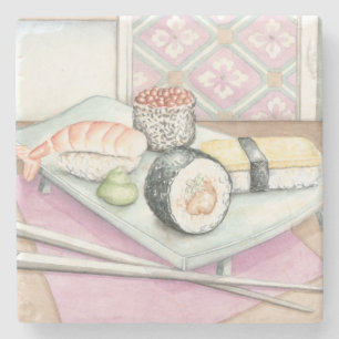 Plate of Assorted Sushi with Chopsticks Stone Coaster