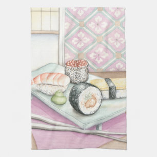 Plate of Assorted Sushi with Chopsticks Tea Towel